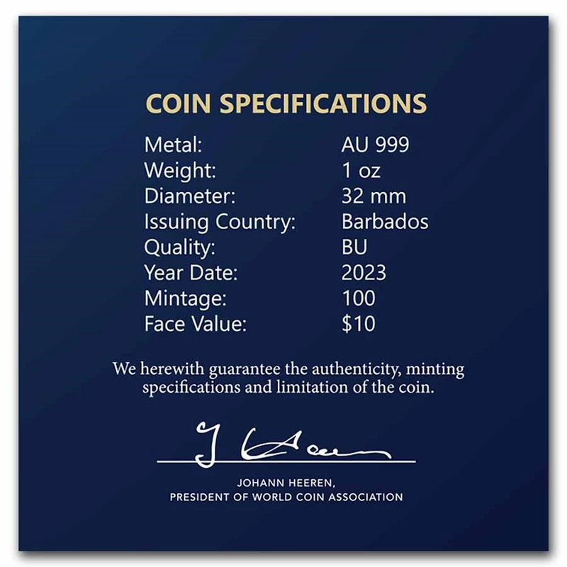 Barbados Octopus Goldmünze 2023, 31,1 Gramm reines Gold (0,999 Proof) Sammlermünzen