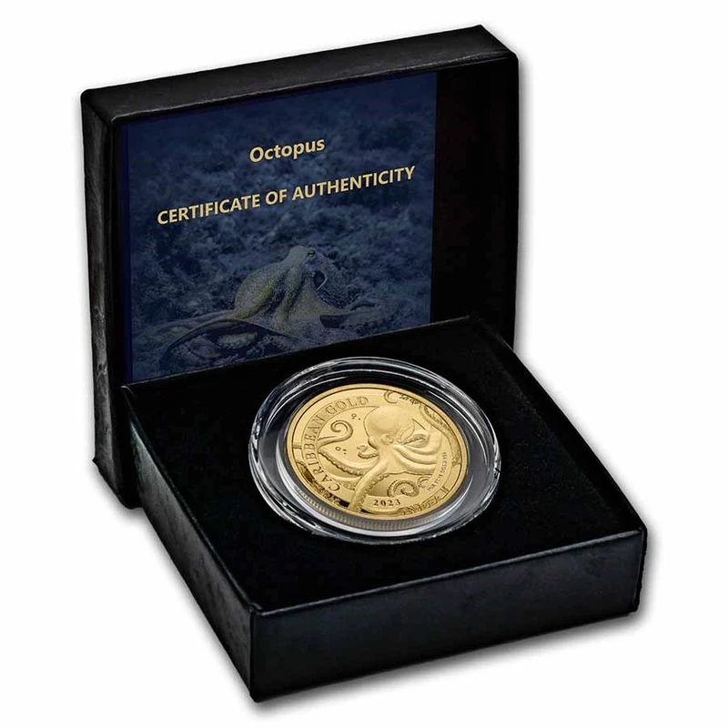 Barbados Octopus Goldmünze 2023, 31,1 Gramm reines Gold (0,999 Proof) Sammlermünzen