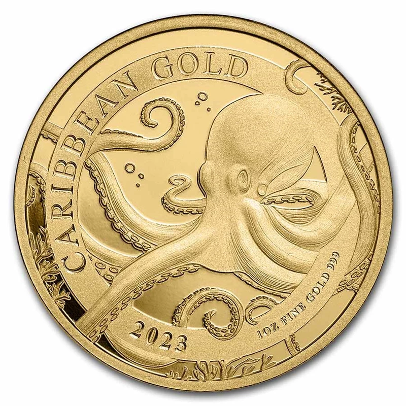 Barbados Octopus Goldmünze 2023, 31,1 Gramm reines Gold (0,999 Proof) Sammlermünzen
