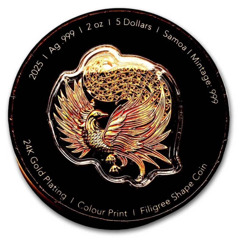 Samoa: silver coin Phoenix 2025 colored gilded 2 oz Collectible coins