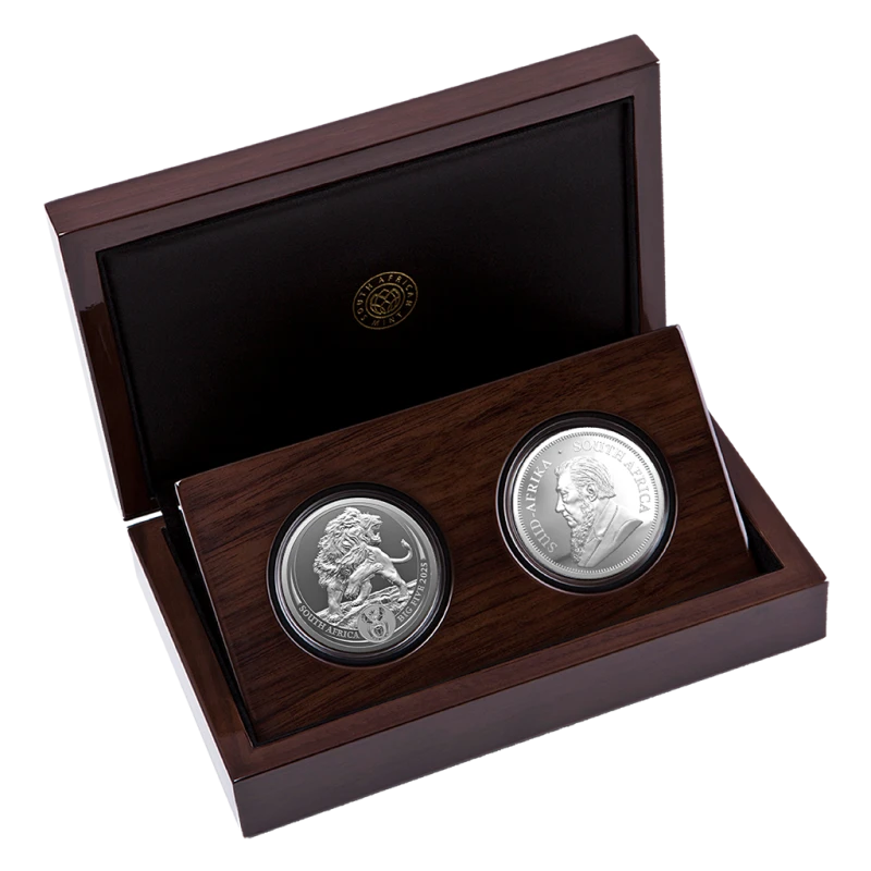 Südafrika: Silbermünzen Löwe und Krügerrand 2025 polierte Platte Satz 2 Unzen Sammlermünzen