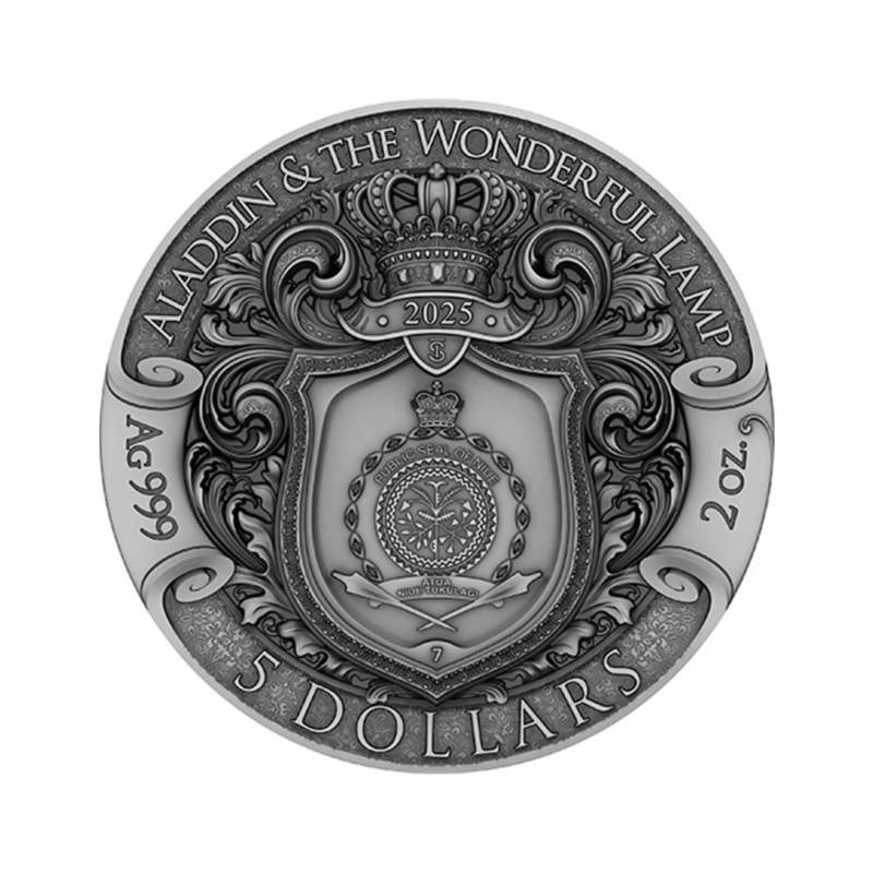 Niue: Silbermünze Aladin und die Wunderlampe 2025 vergoldet koloriert 2 Unzen Sammlermünzen