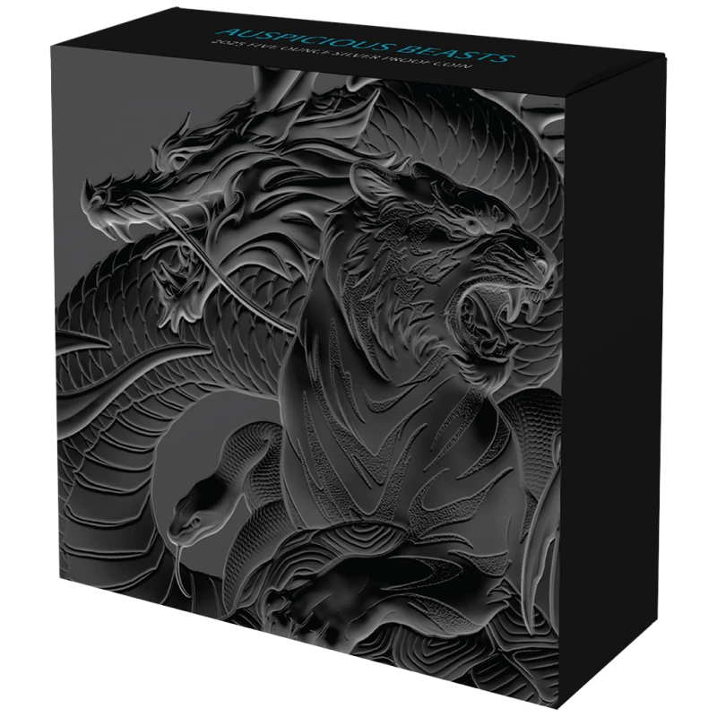 Niue: Silbermünze Auspicious Beasts 2025 Polierte Platte koloriert 5 Unzen Sammlermünzen