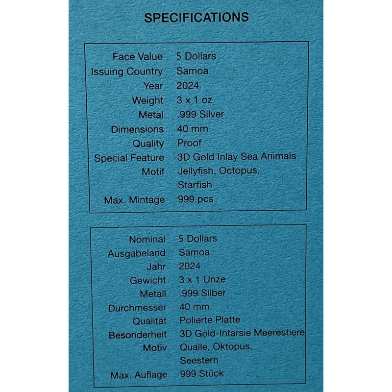 Samoa: silver coins Golden Sea Animals 2024 Proof gilded set 3 oz Collectible coins